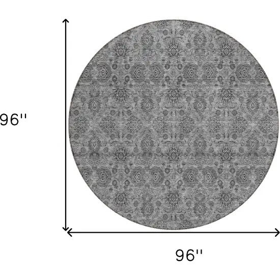8' Gray Silver And Charcoal Round Floral Washable Indoor Outdoor Area Rug Photo 8
