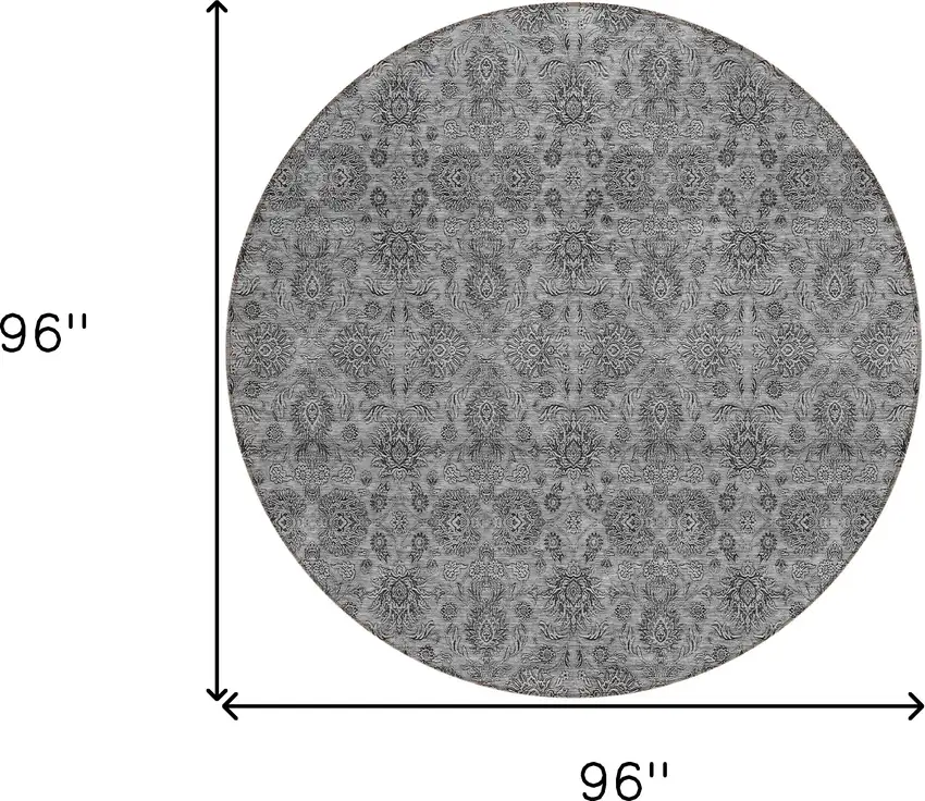 8' Gray Silver And Charcoal Round Floral Washable Indoor Outdoor Area Rug Photo 8