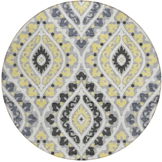 8' Gray Silver And Charcoal Round Floral Washable Indoor Outdoor Area Rug Photo 5