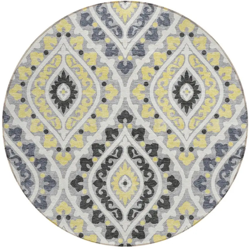 8' Gray Silver And Charcoal Round Floral Washable Indoor Outdoor Area Rug Photo 5