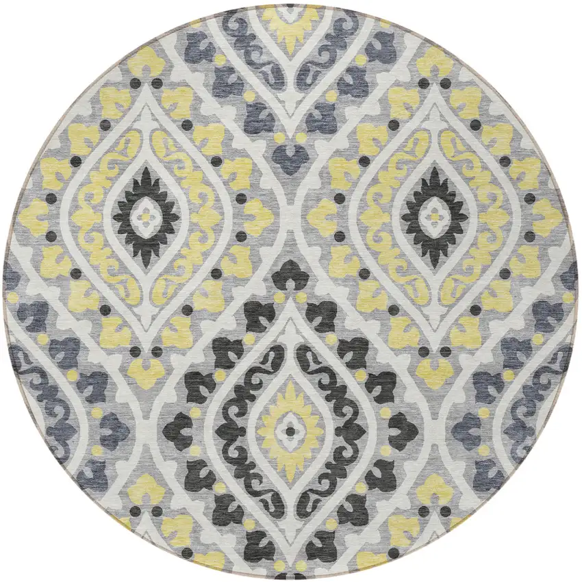 8' Gray Silver And Charcoal Round Floral Washable Indoor Outdoor Area Rug Photo 6