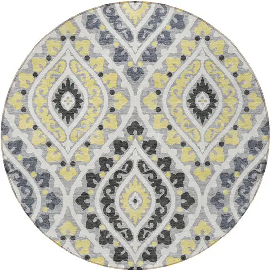 8' Gray Silver And Charcoal Round Floral Washable Indoor Outdoor Area Rug Photo 6