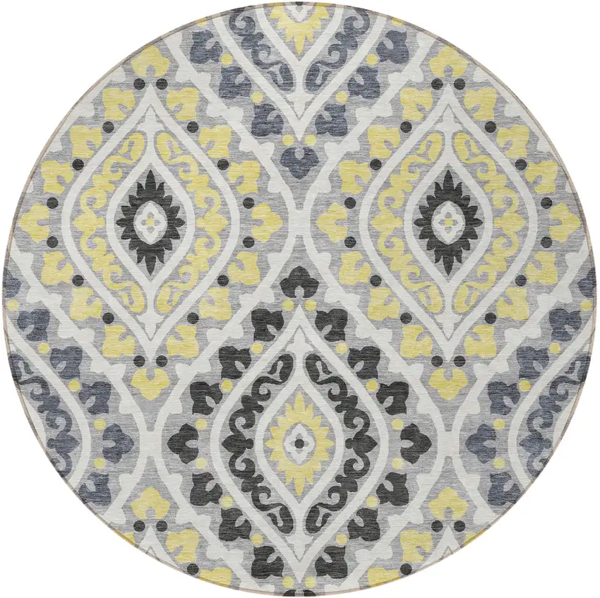 8' Gray Silver And Charcoal Round Floral Washable Indoor Outdoor Area Rug Photo 6