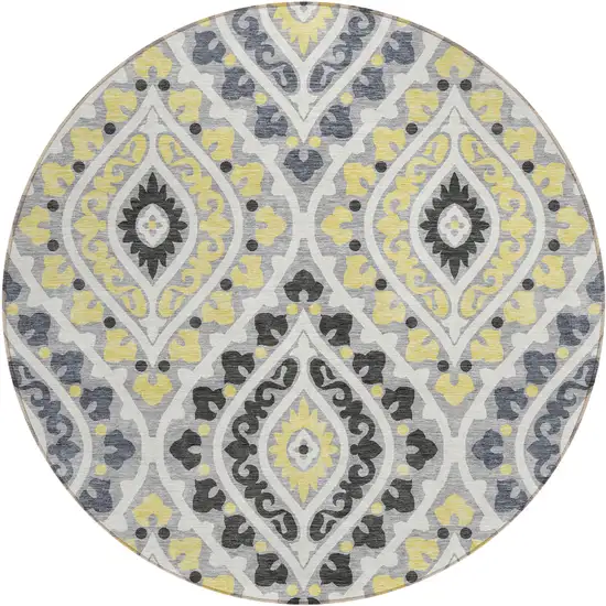 8' Gray Silver And Charcoal Round Floral Washable Indoor Outdoor Area Rug Photo 1