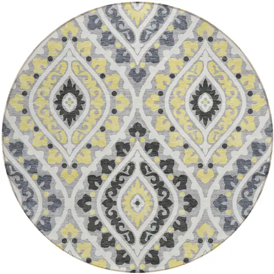8' Gray Silver And Charcoal Round Floral Washable Indoor Outdoor Area Rug Photo 1
