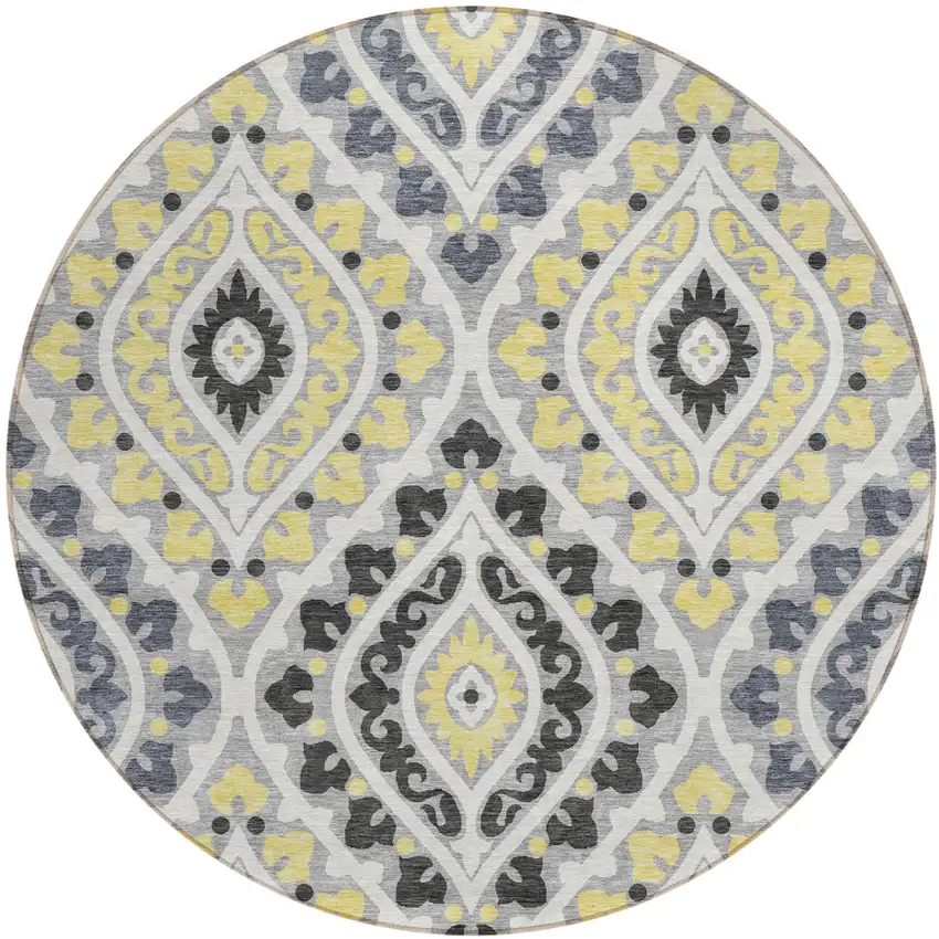 8' Gray Silver And Charcoal Round Floral Washable Indoor Outdoor Area Rug Photo 1