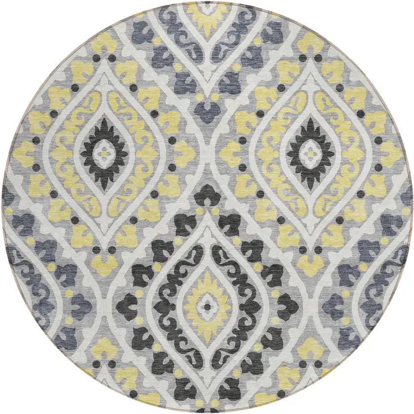 8' Gray Silver And Charcoal Round Floral Washable Indoor Outdoor Area Rug Photo 1