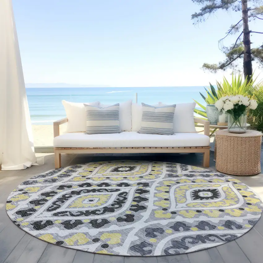 8' Gray Silver And Charcoal Round Floral Washable Indoor Outdoor Area Rug Photo 7