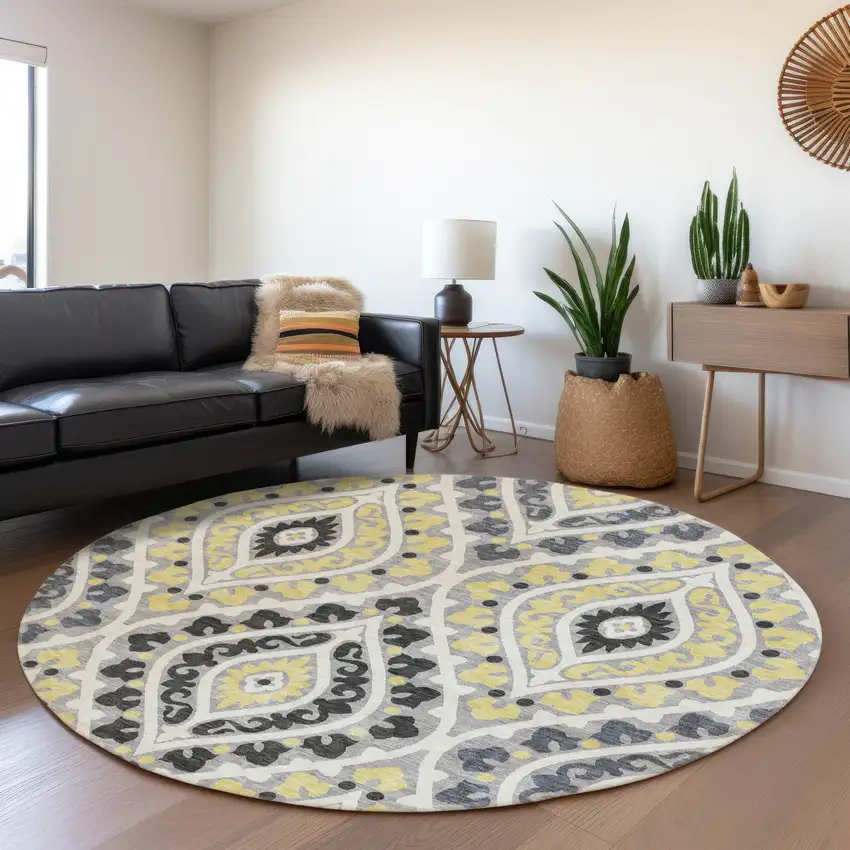 8' Gray Silver And Charcoal Round Floral Washable Indoor Outdoor Area Rug Photo 8