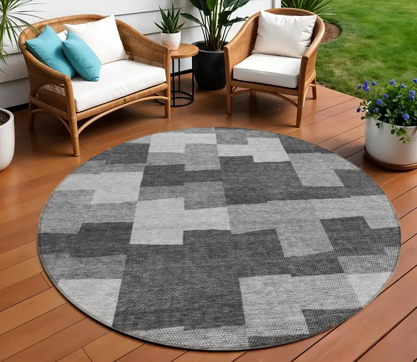 8' Gray Silver And Charcoal Round Geometric Washable Indoor Outdoor Area Rug Photo 1