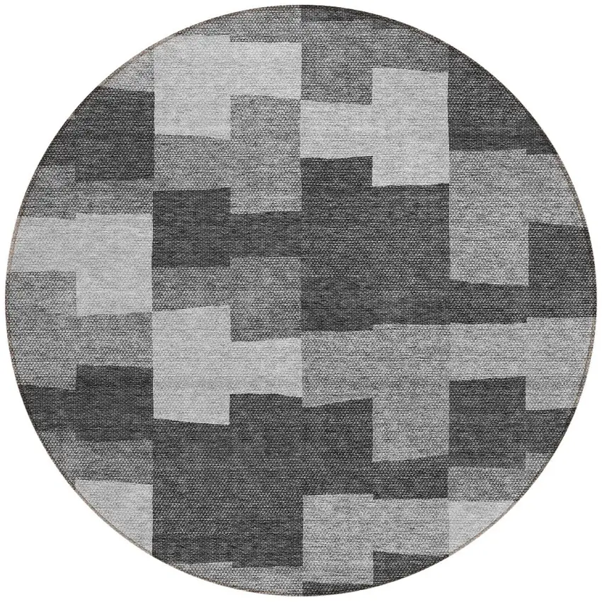 8' Gray Silver And Charcoal Round Geometric Washable Indoor Outdoor Area Rug Photo 5