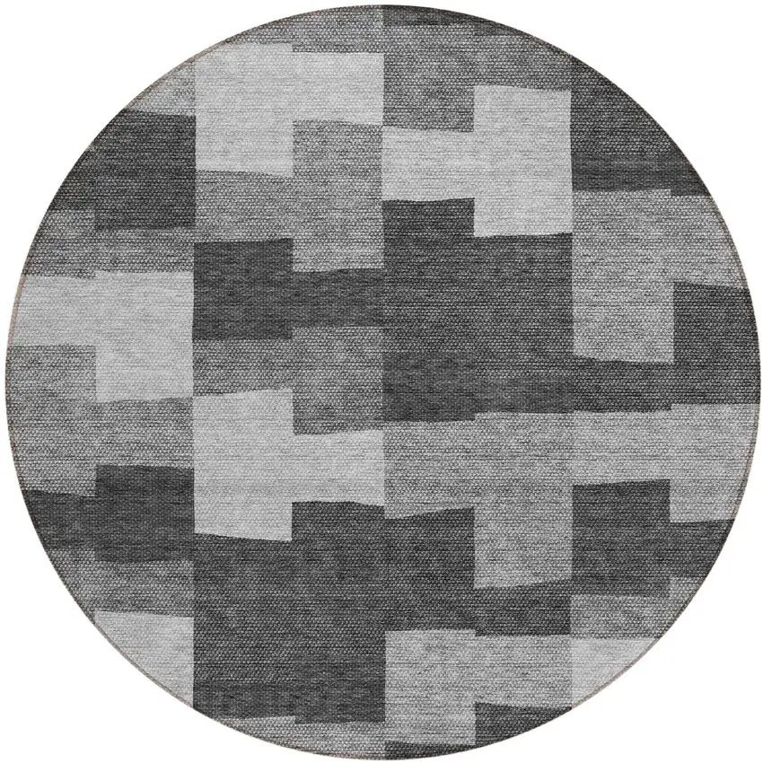 8' Gray Silver And Charcoal Round Geometric Washable Indoor Outdoor Area Rug Photo 2