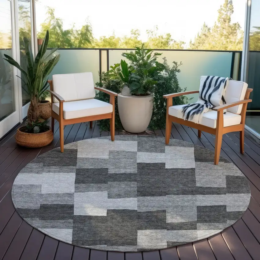 8' Gray Silver And Charcoal Round Geometric Washable Indoor Outdoor Area Rug Photo 6