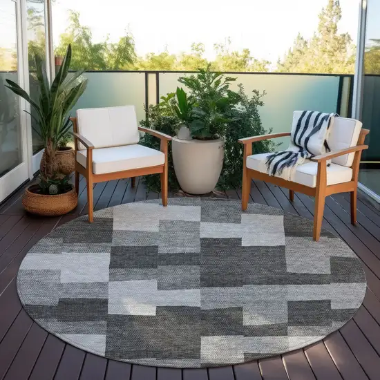8' Gray Silver And Charcoal Round Geometric Washable Indoor Outdoor Area Rug Photo 6