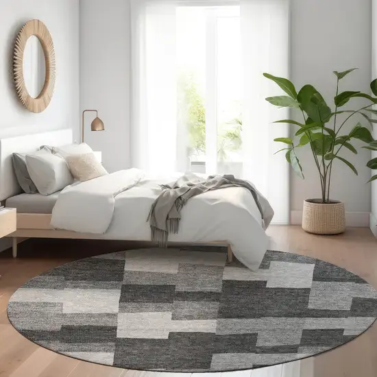 8' Gray Silver And Charcoal Round Geometric Washable Indoor Outdoor Area Rug Photo 7