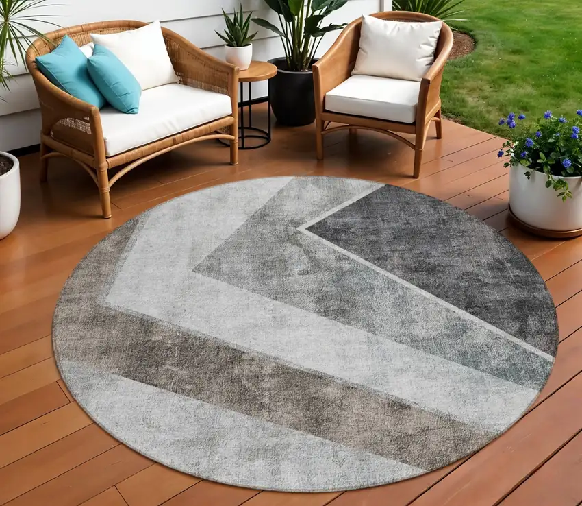8' Gray Silver And Charcoal Round Geometric Washable Indoor Outdoor Area Rug Photo 1