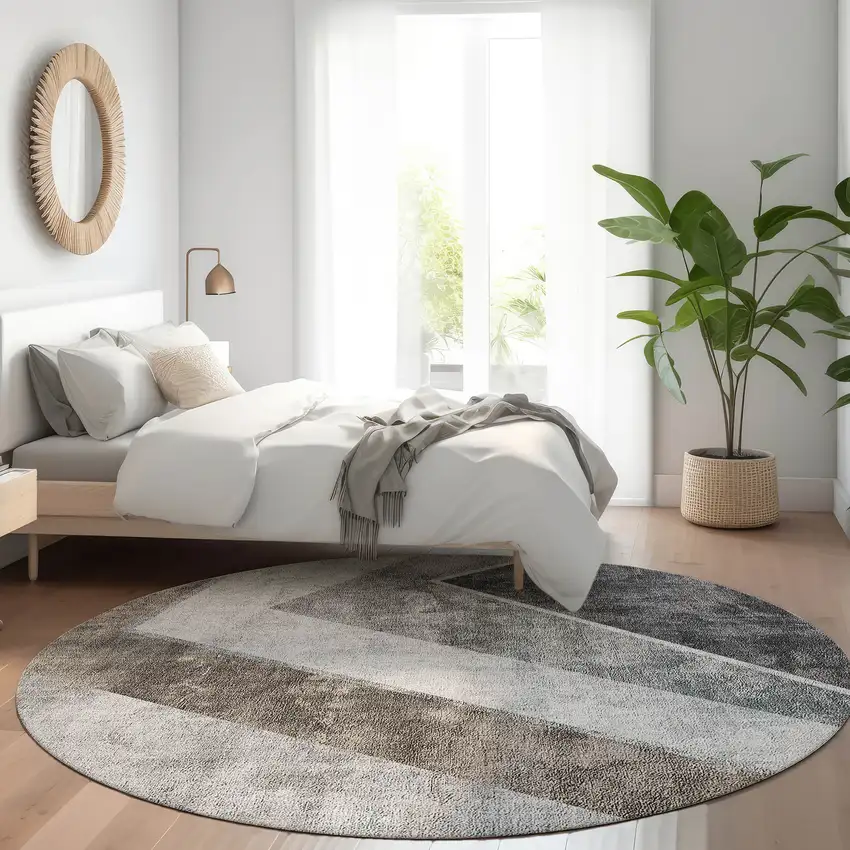 8' Gray Silver And Charcoal Round Geometric Washable Indoor Outdoor Area Rug Photo 8