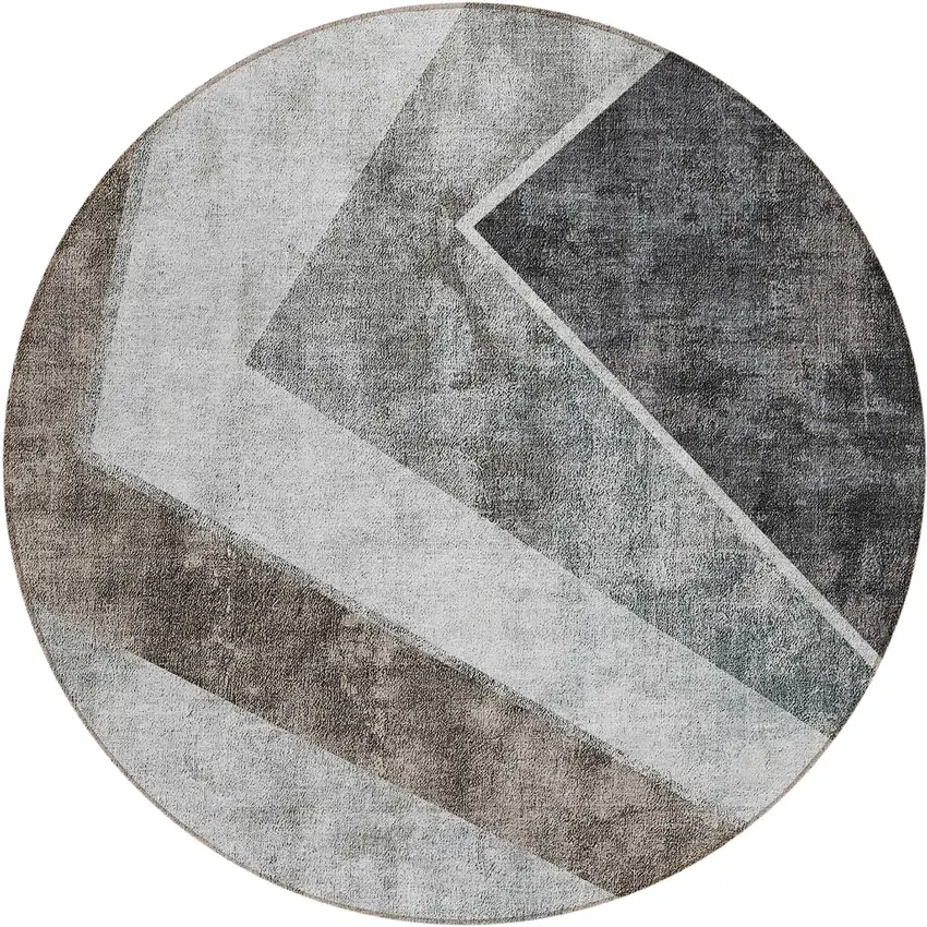 8' Gray Silver And Charcoal Round Geometric Washable Indoor Outdoor Area Rug Photo 2