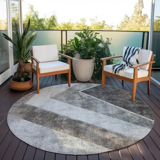 8' Gray Silver And Charcoal Round Geometric Washable Indoor Outdoor Area Rug Photo 7