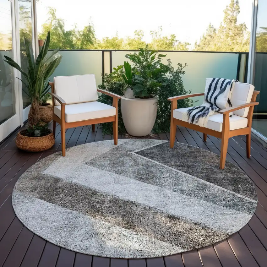 8' Gray Silver And Charcoal Round Geometric Washable Indoor Outdoor Area Rug Photo 7