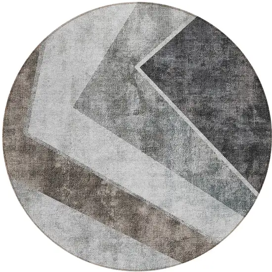 8' Gray Silver And Charcoal Round Geometric Washable Indoor Outdoor Area Rug Photo 6