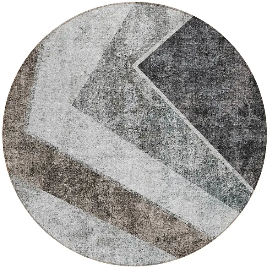 8' Gray Silver And Charcoal Round Geometric Washable Indoor Outdoor Area Rug Photo 6