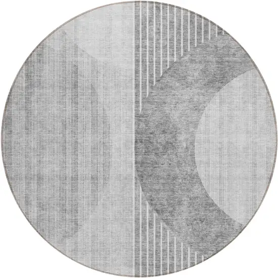 8' Gray Silver And Charcoal Round Geometric Washable Indoor Outdoor Area Rug Photo 2