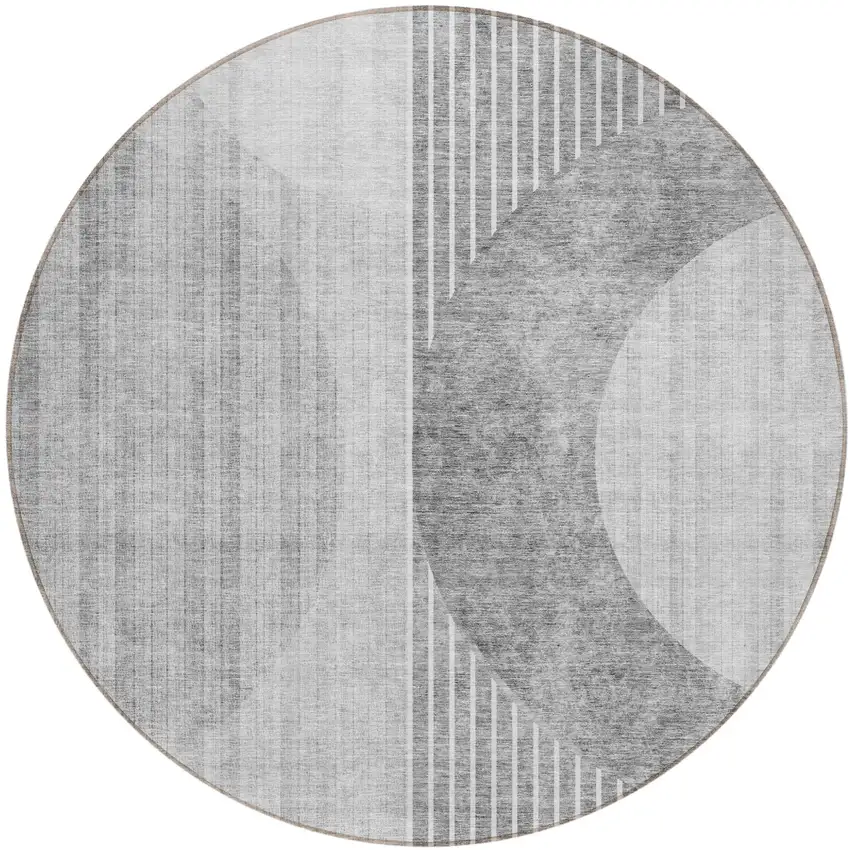 8' Gray Silver And Charcoal Round Geometric Washable Indoor Outdoor Area Rug Photo 2