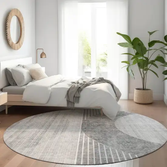 8' Gray Silver And Charcoal Round Geometric Washable Indoor Outdoor Area Rug Photo 6