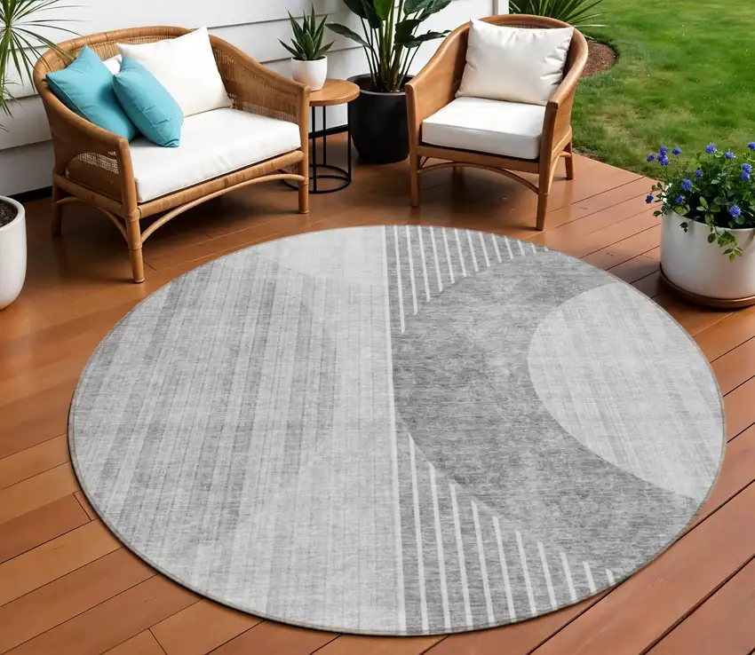 8' Gray Silver And Charcoal Round Geometric Washable Indoor Outdoor Area Rug Photo 1
