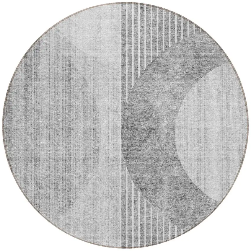 8' Gray Silver And Charcoal Round Geometric Washable Indoor Outdoor Area Rug Photo 4