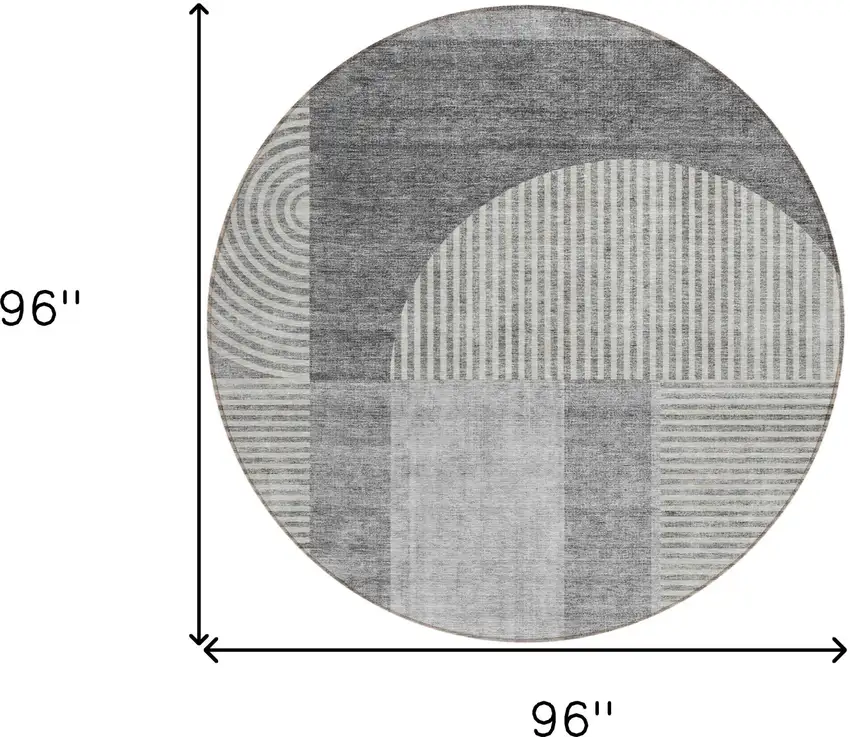 8' Gray Silver And Charcoal Round Geometric Washable Indoor Outdoor Area Rug Photo 8