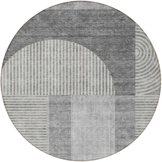 8' Gray Silver And Charcoal Round Geometric Washable Indoor Outdoor Area Rug Photo 2