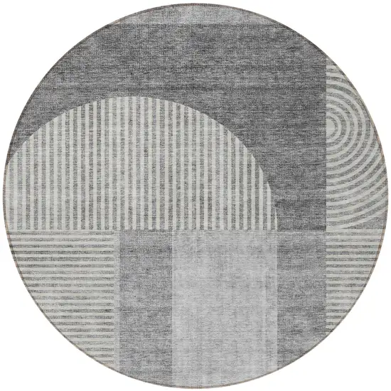 8' Gray Silver And Charcoal Round Geometric Washable Indoor Outdoor Area Rug Photo 2