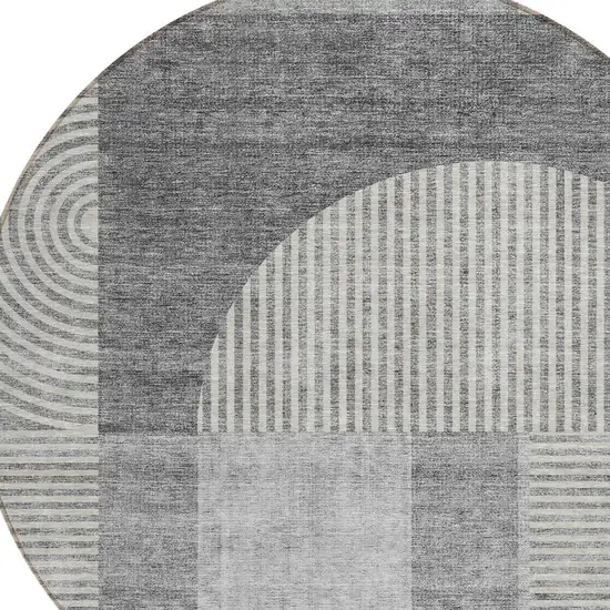 8' Gray Silver And Charcoal Round Geometric Washable Indoor Outdoor Area Rug Photo 5