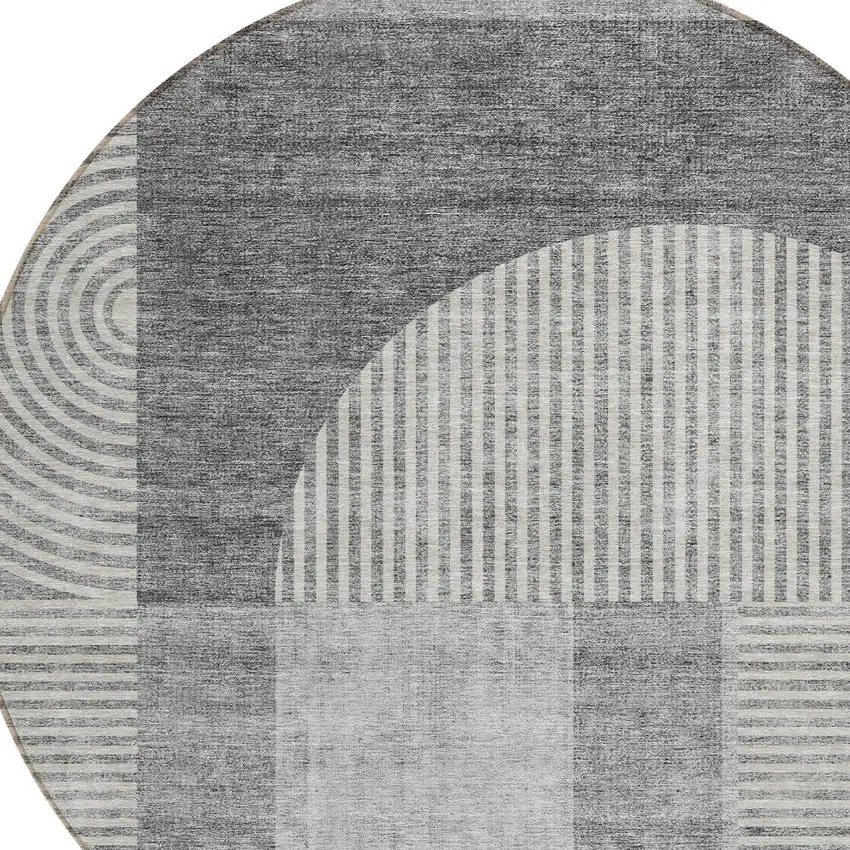 8' Gray Silver And Charcoal Round Geometric Washable Indoor Outdoor Area Rug Photo 5