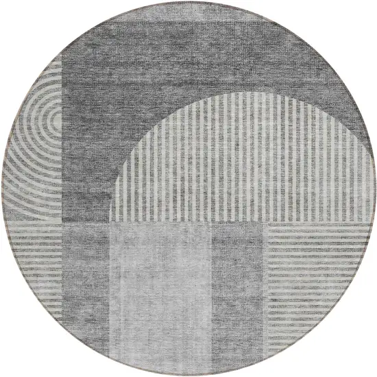 8' Gray Silver And Charcoal Round Geometric Washable Indoor Outdoor Area Rug Photo 1