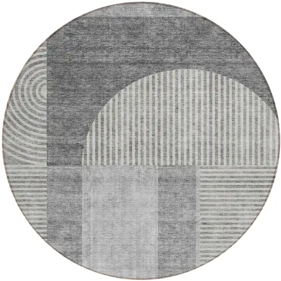 8' Gray Silver And Charcoal Round Geometric Washable Indoor Outdoor Area Rug Photo 1
