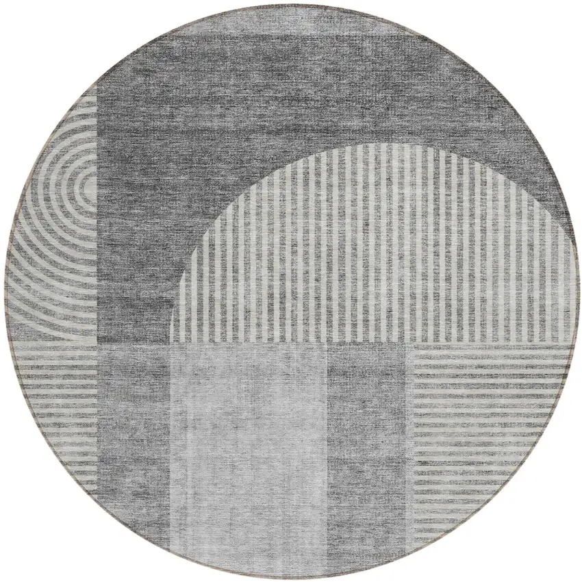 8' Gray Silver And Charcoal Round Geometric Washable Indoor Outdoor Area Rug Photo 1
