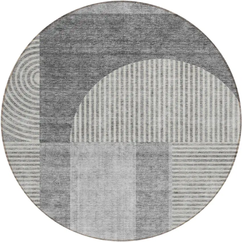 8' Gray Silver And Charcoal Round Geometric Washable Indoor Outdoor Area Rug Photo 1
