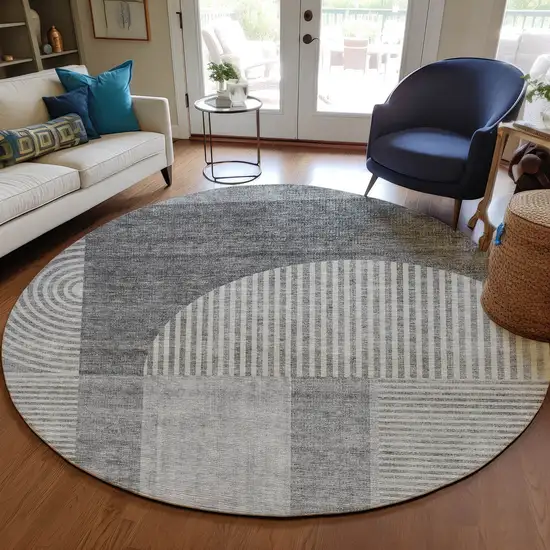 8' Gray Silver And Charcoal Round Geometric Washable Indoor Outdoor Area Rug Photo 7