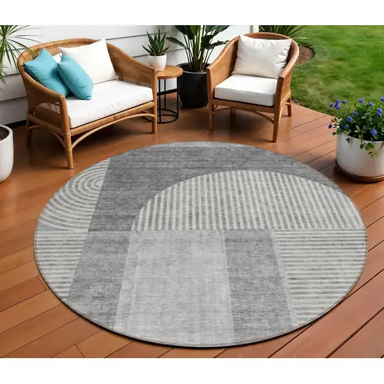 8' Gray Silver And Charcoal Round Geometric Washable Indoor Outdoor Area Rug Photo 1