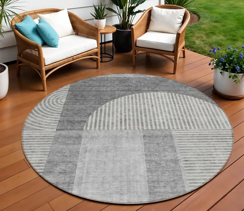 8' Gray Silver And Charcoal Round Geometric Washable Indoor Outdoor Area Rug Photo 1
