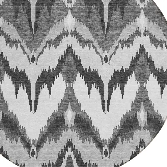 8' Gray Silver And Charcoal Round Ikat Washable Indoor Outdoor Area Rug Photo 4