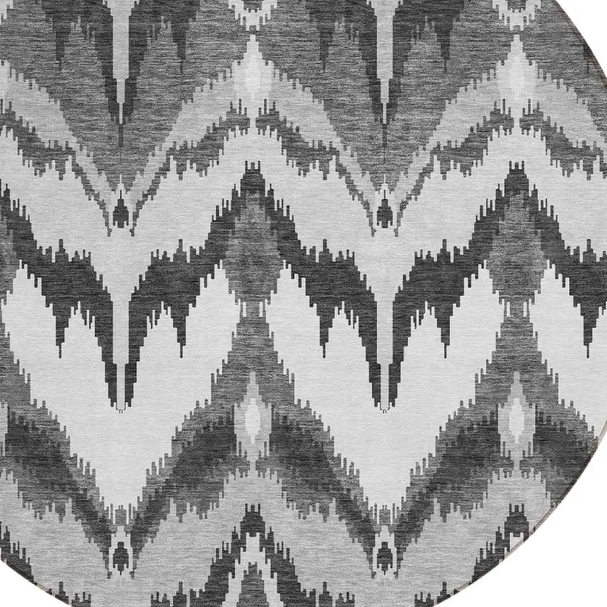8' Gray Silver And Charcoal Round Ikat Washable Indoor Outdoor Area Rug Photo 4