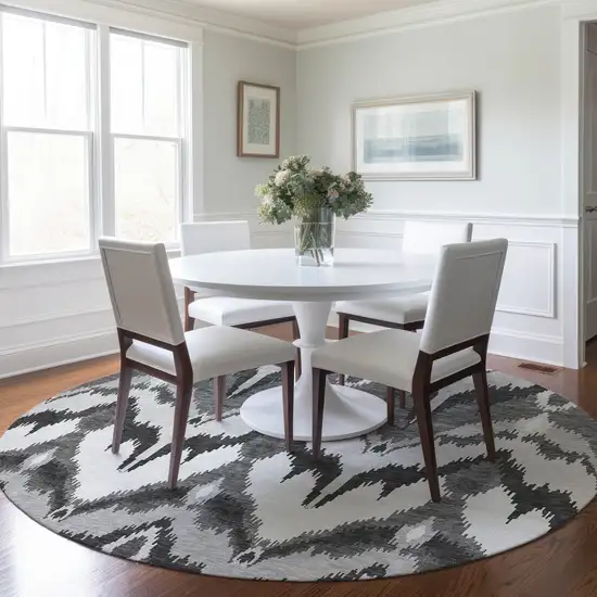 8' Gray Silver And Charcoal Round Ikat Washable Indoor Outdoor Area Rug Photo 7