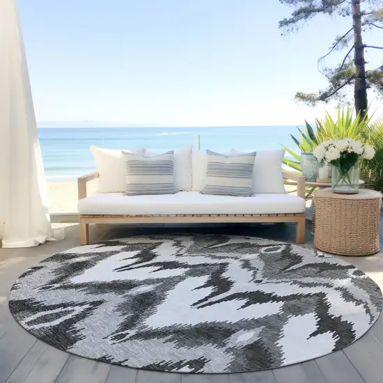 8' Gray Silver And Charcoal Round Ikat Washable Indoor Outdoor Area Rug Photo 6