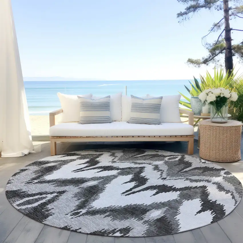 8' Gray Silver And Charcoal Round Ikat Washable Indoor Outdoor Area Rug Photo 6
