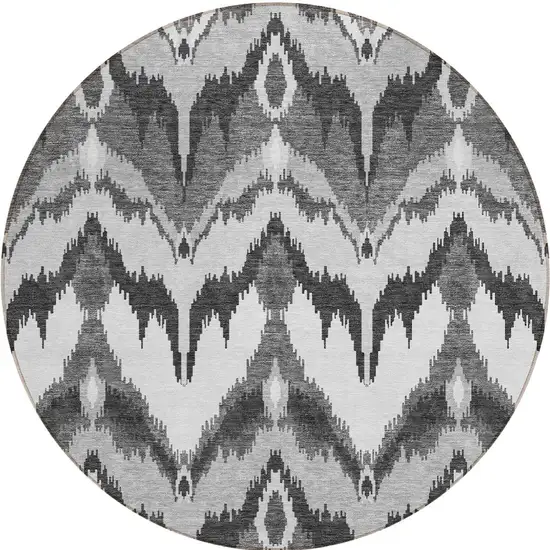 8' Gray Silver And Charcoal Round Ikat Washable Indoor Outdoor Area Rug Photo 5