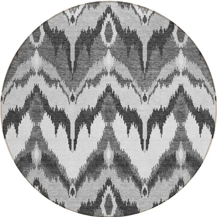 8' Gray Silver And Charcoal Round Ikat Washable Indoor Outdoor Area Rug Photo 5